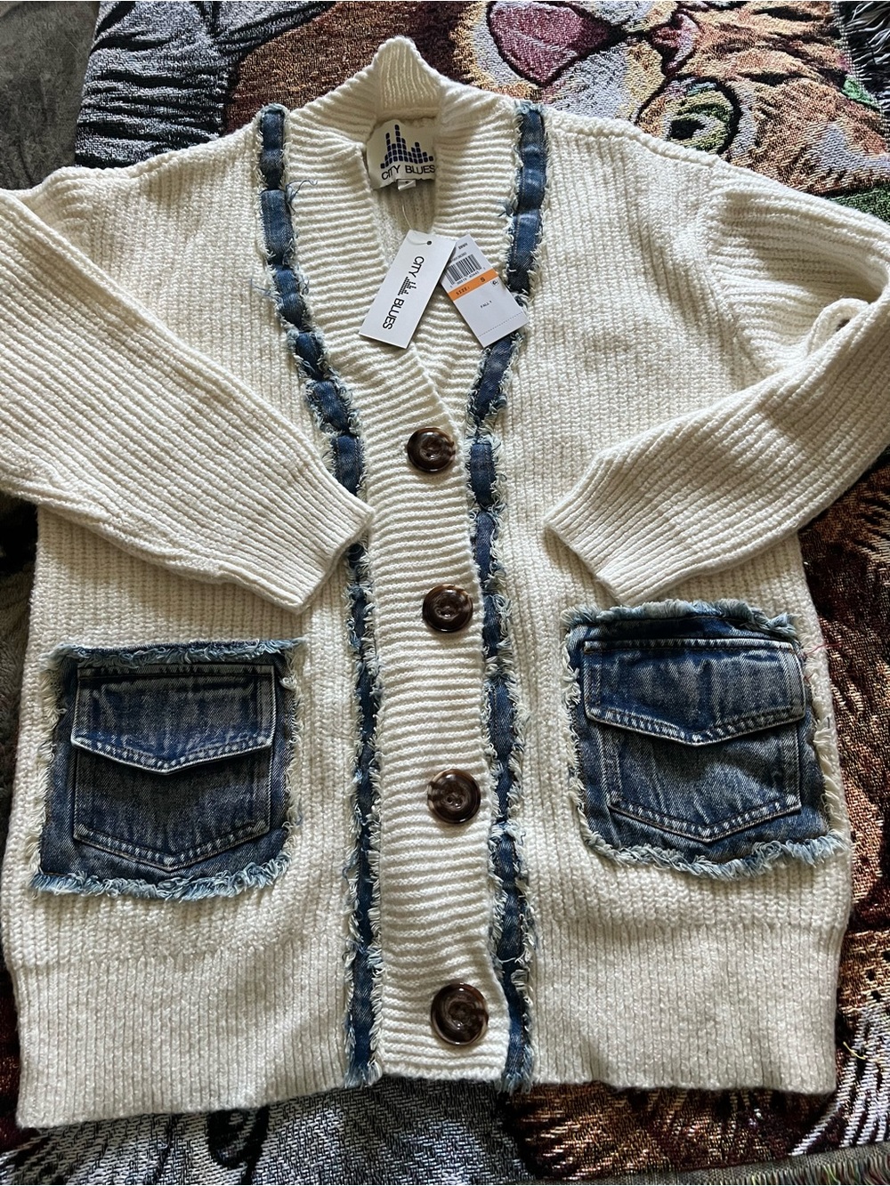 Cream Knit Cardigan with Denim Trim (Oversized)